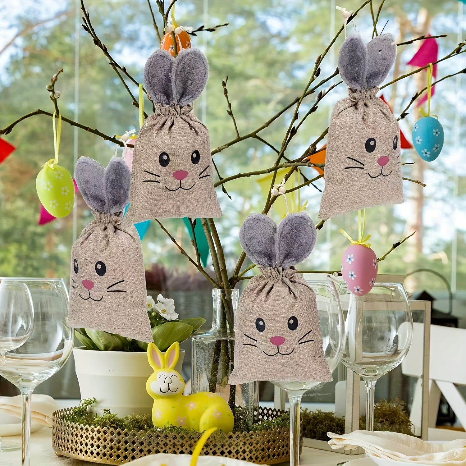 

6pcs Easter Bunny Ears Drawstring Gift Bags - Linen Candy & Present Pouches For Holiday Gifting, Gift Wrap Storage