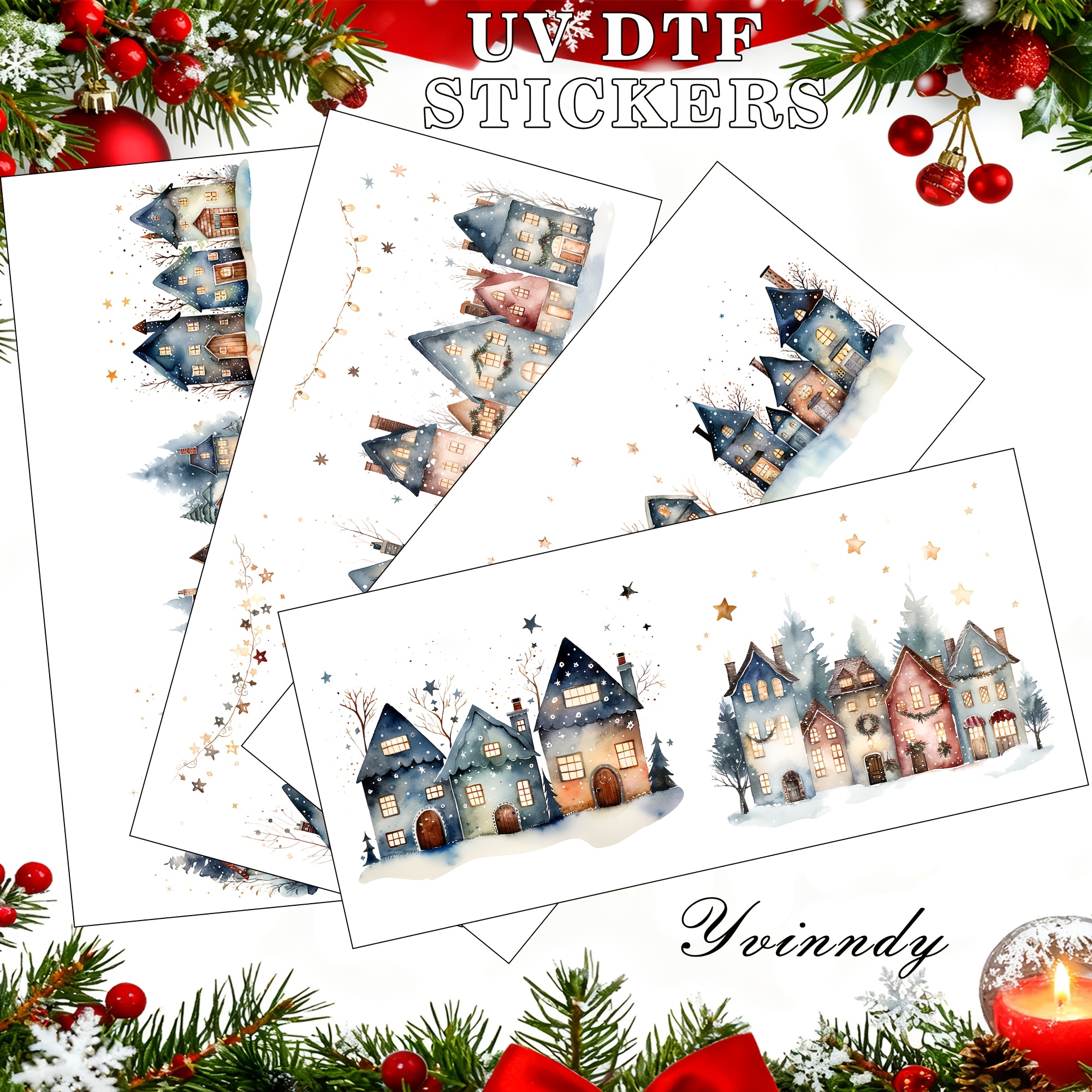 TEMU 4pcs/set Neutral Watercolor House Uv Dtf Transfer. Waterproof And Scratch-resistant, . High-quality Handmade Decorative, Suitable For Projects,