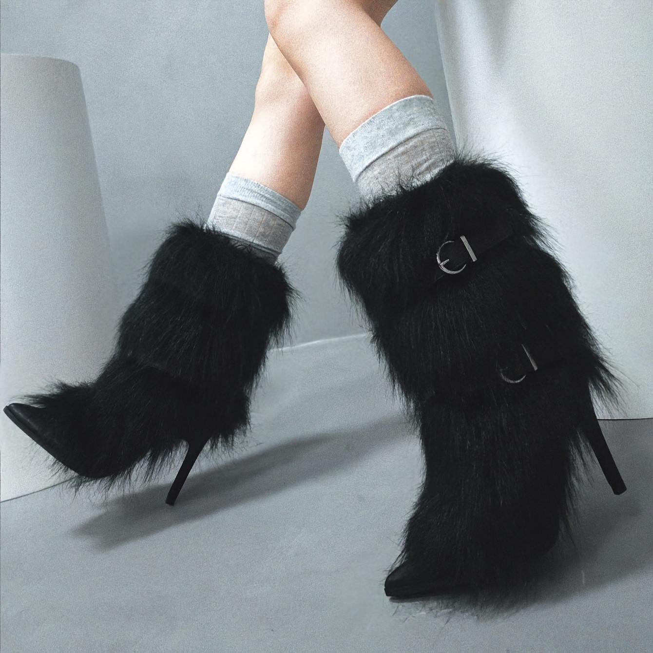 Women'S Short faux fur Boots with Fluffy Stiletto Heels And Buckle Strap, High Heeled Pointed Toe Winter Boots for Warmth, Women Shoes