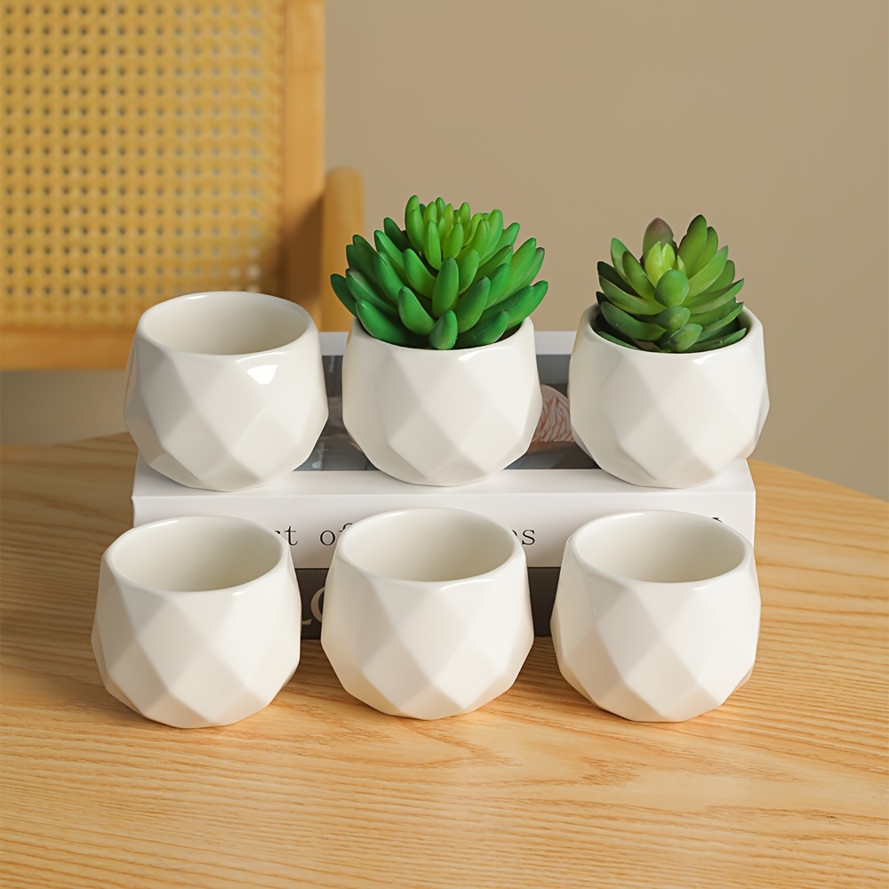 conjunto de 6 macetas cerámicas geométricas modernas - macetas blancas hexagonales para suculentas y cactus con orificio de drenaje, uso interior/exterior, diseño minimalista para decoración elegante  , macetas de escritorio | acabado   | diseño geométrico 0