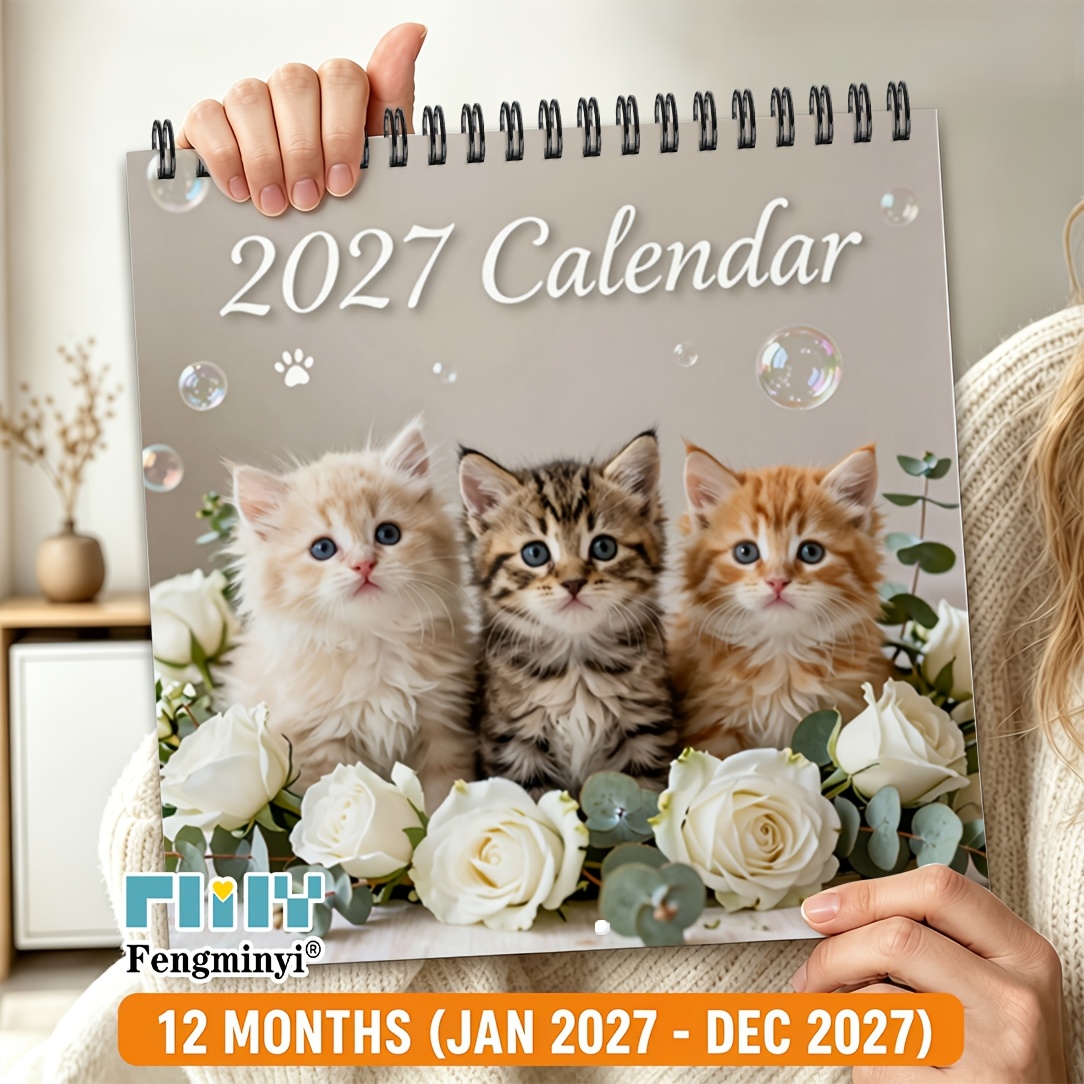 TEMU 2d Flat Planners 1pc 2027 Cute Cat Calendar, 12-month Annual Organizer Calendar , Double Spiral Hanging 8.3x8.3 Inch Square Calendar, American