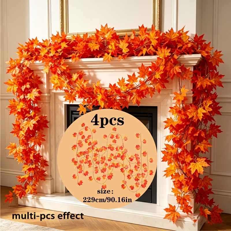 TEMU 4 Strands, Total Length Approximately 916cm / 360.64 Inches, Artificial Maple Leaf Gradient In Red, Orange, And Yellow, Rattan Autumn Hanging