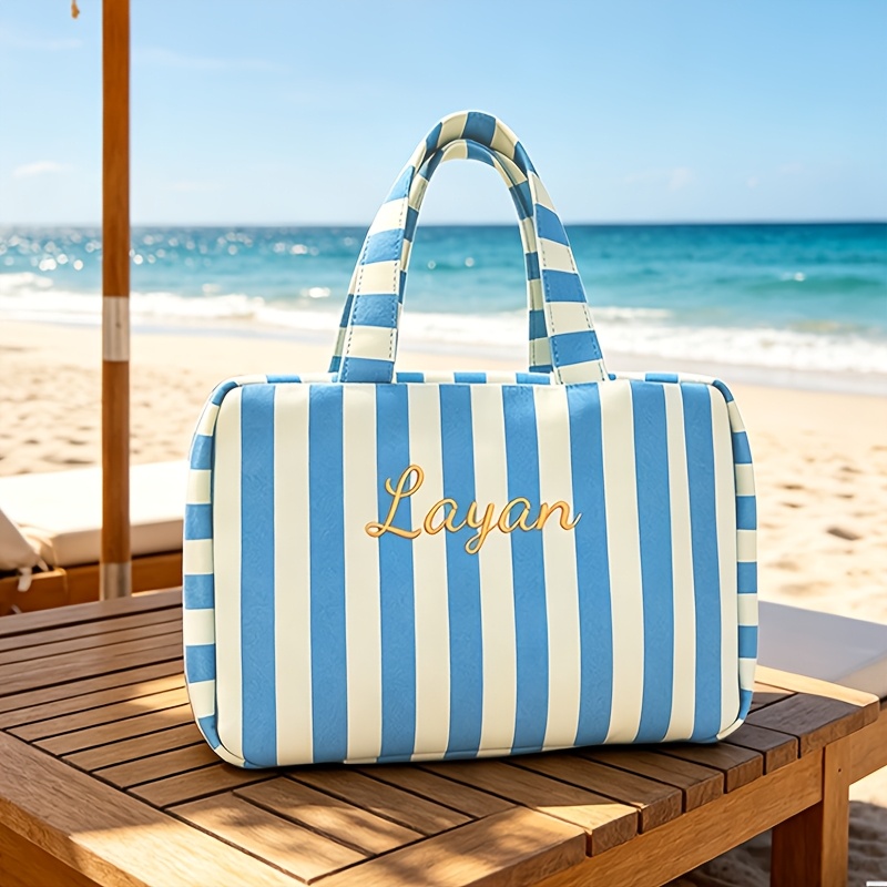 TEMU Striped Custom Embroidered Hanging/handheld Bag, Four-fold Large Capacity Multi-compartment Storage Pouch, Travel/ Toiletry Bag, Minimalist