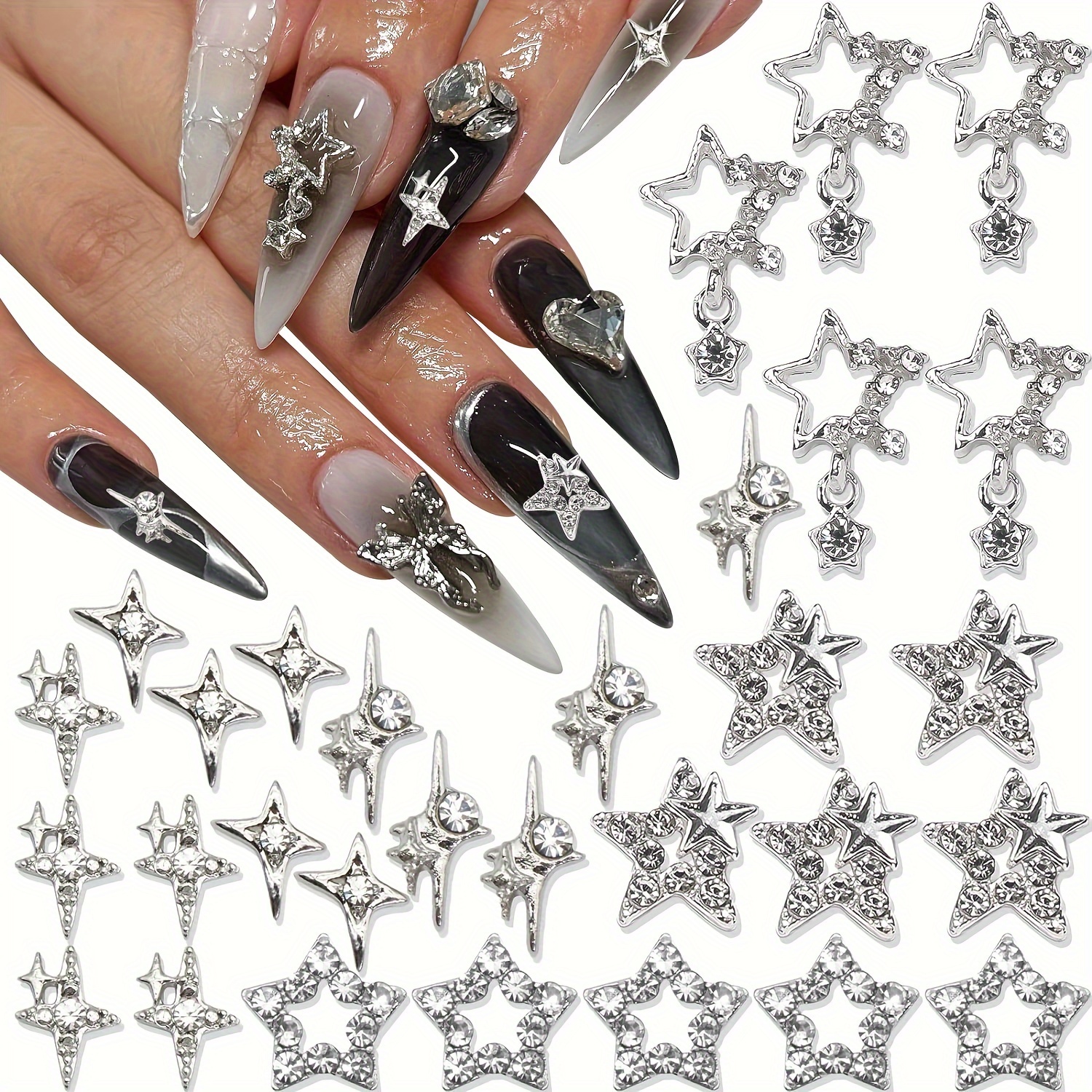 

30pcs Silvery Star Nail Charms Shiny 3d Stars Nail Starlight Nail Jewelry Y2k Charms For Acrylic Nails Decoration Metal Nail Supplies For Women Gifts For Eid