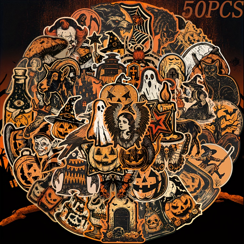 Image of 50pcs Vintage Halloween Stickers - Spooky Pumpkin,, & Chainsaw Designs For Phone Cases, Laptops, Skateboards, Guitars, Luggage, Helmets & More - Fun Diy Decoration By Gutbd, Halloween Decorations