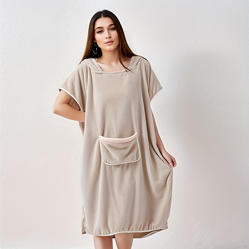TEMU Adult Robe, Short-sleeved Hooded Bathrobe For Autumn/winter, Coral, Absorbent And Quick-drying, Parent- Matching Hooded Wearable Bath Towel