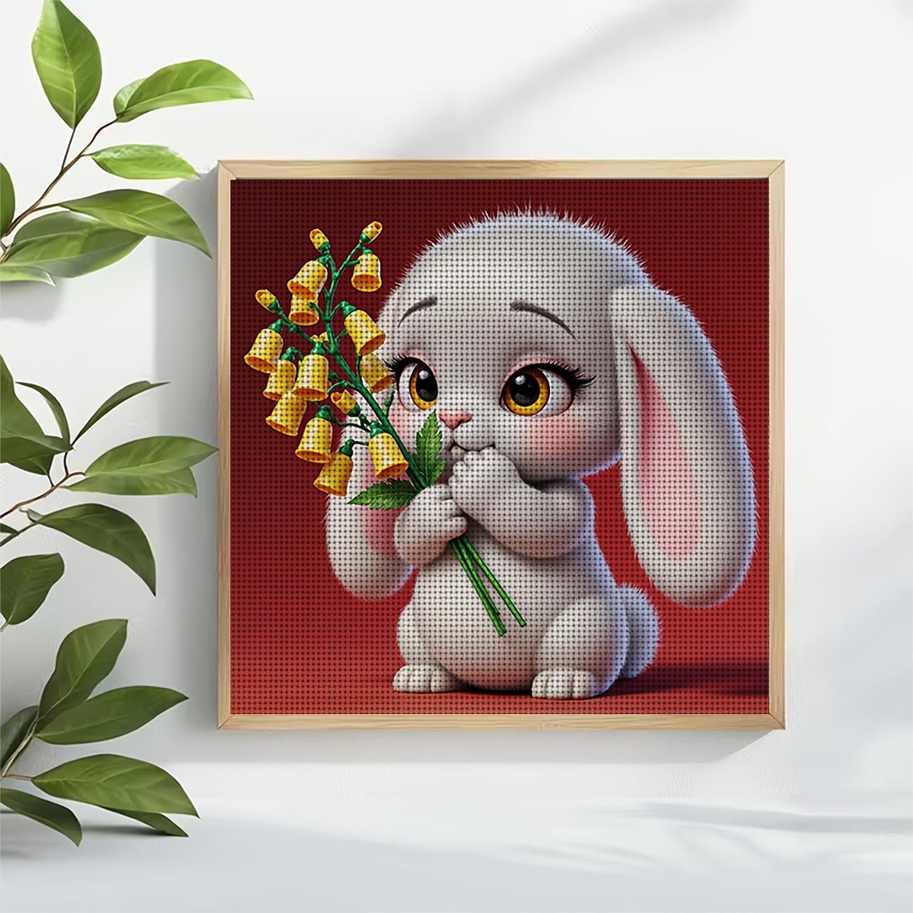 Cross-Stitch Printed Kit, White Rabbit Holding Yellow Flowers Design