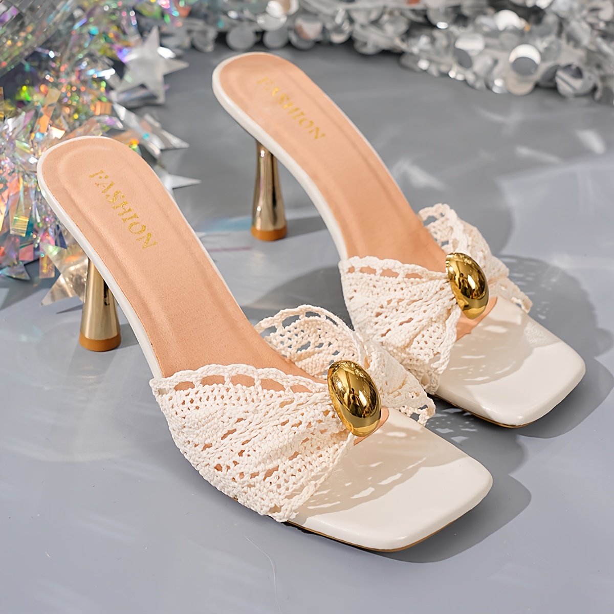 TEMU Sandales d'été à talons hauts pour femme, sandales-glissières tissées à bout carré avec talon en métal, chaussons, sandales d'extérieur