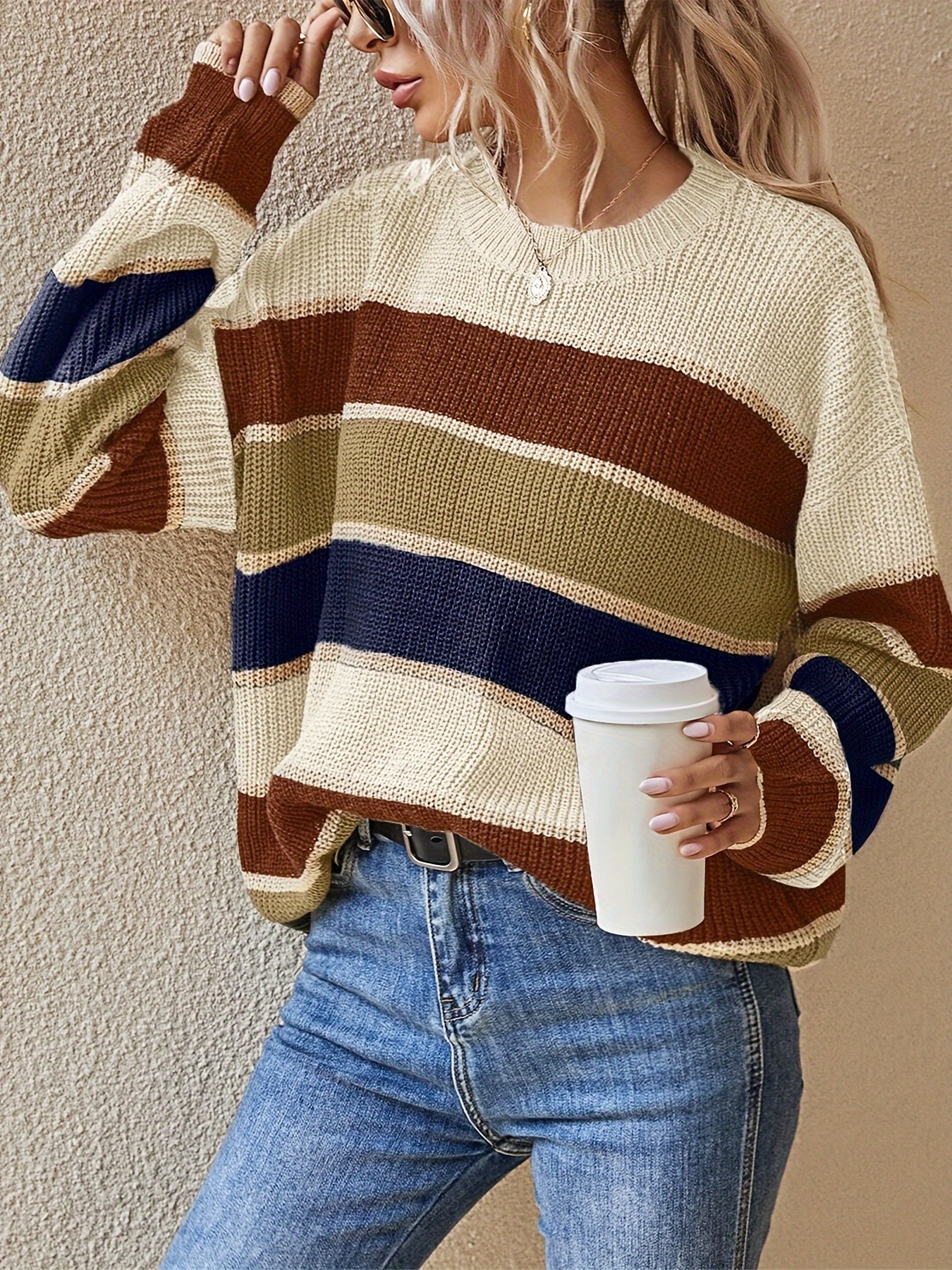 womens color block striped pullover sweater cozy long sleeve crew neck loose fit fall winter casual top with green brown and beige stripes casual winter wear relaxed   construction sweater dress fall clothe for women fall sweater for women fall outfit for women beautiful sweater for women