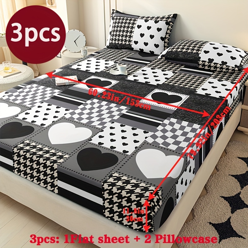 TEMU 3pcs Set 1 Fitted Sheet + 2 Pillowcases (without Core), Black And White Heart Pattern Print, Suitable For Single Bed, Double Bed, King Bed Sheet
