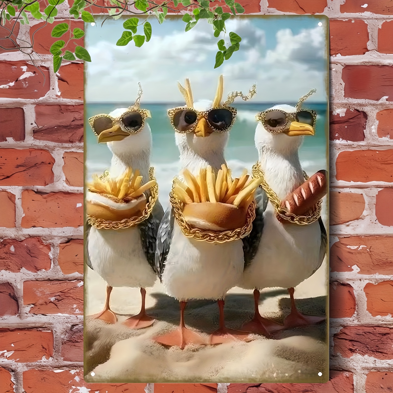 TEMU 2D Plat, Vintage Metalen Wanddecoratie - Grappige Meeuwen met Stijlvolle Bril en Friet - Stevig IJzeren Retro Strandbarbord - 20.32X30.48 Cm