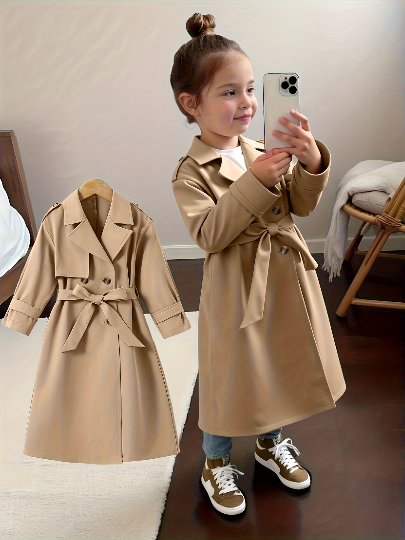 a stylish new autumn winter coat for girls featuring a fashionable double breasted design with a loose fit and a french style collar it   with a matching belt and is perfect for casual   parties and   outdoor activities Product details 1