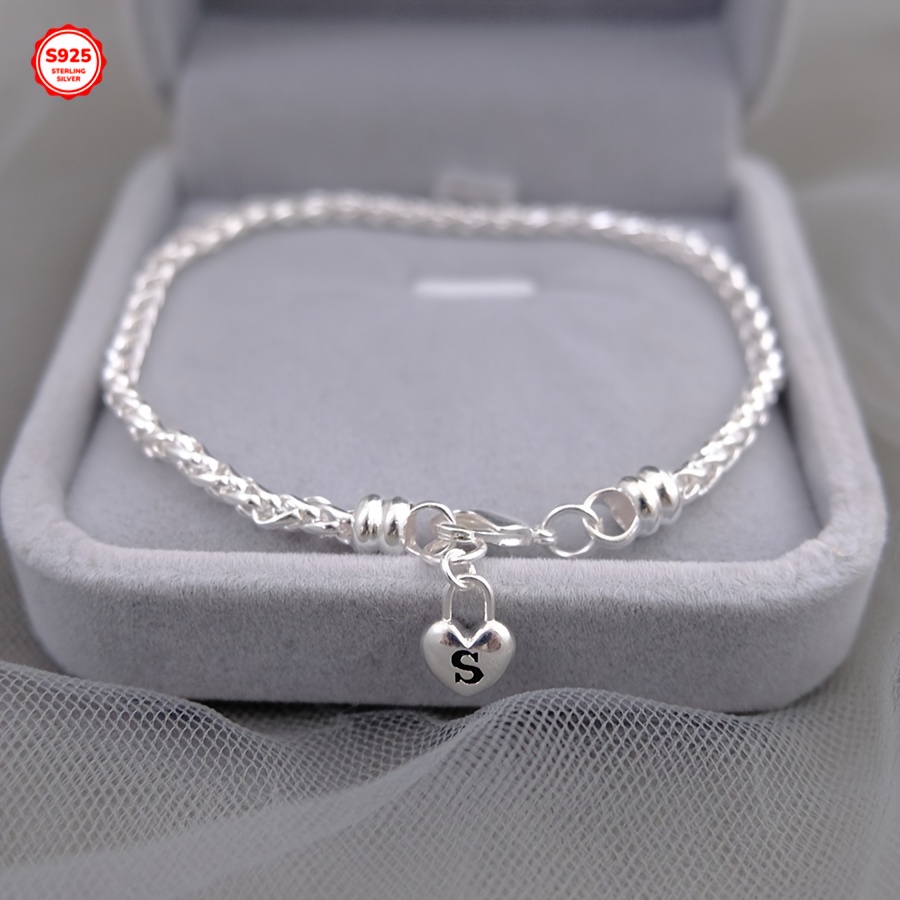 925 Sterling Silver S Lock Heart Chain Bracelet, Boho Style