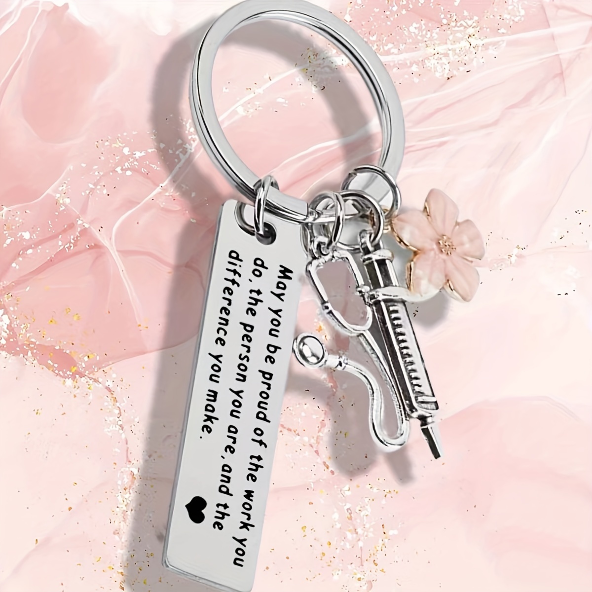 

2/3/5 Pcs Inspirational Stainless Steel Nurse Keychains With Syringe And Flower Charm, Thanksgiving Appreciation Engraved Motivational Quote Accessory For Women