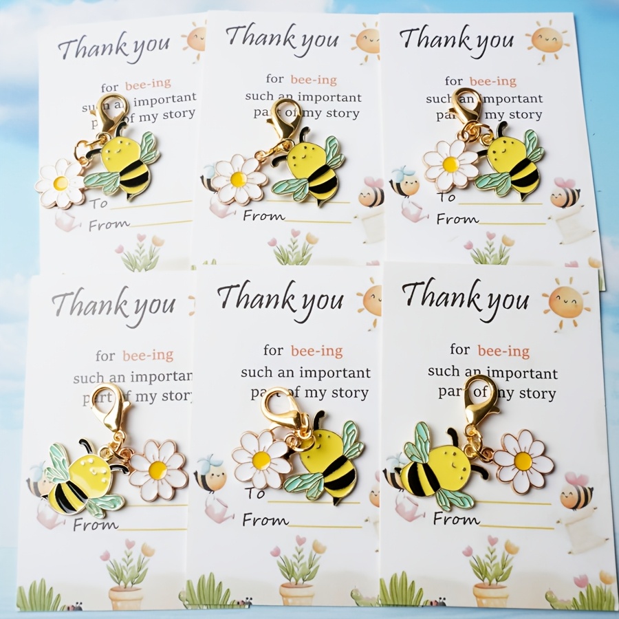 TEMU Christmas Gift,6pcs Set, 2d Flat, Cute Bee With White Daisy Keychain Set - Includes Small Charm Cards - Versatile Charm For Decorating Clothes,