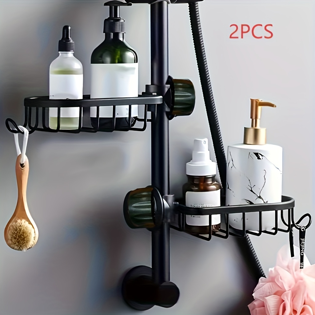 TEMU 2pcs Space-saving Wall-mounted Shower Caddy Organizer - Heavy-duty Aluminum Storage Shelf With Multiple Hooks, Modern , Shelves, Shower Shelves,