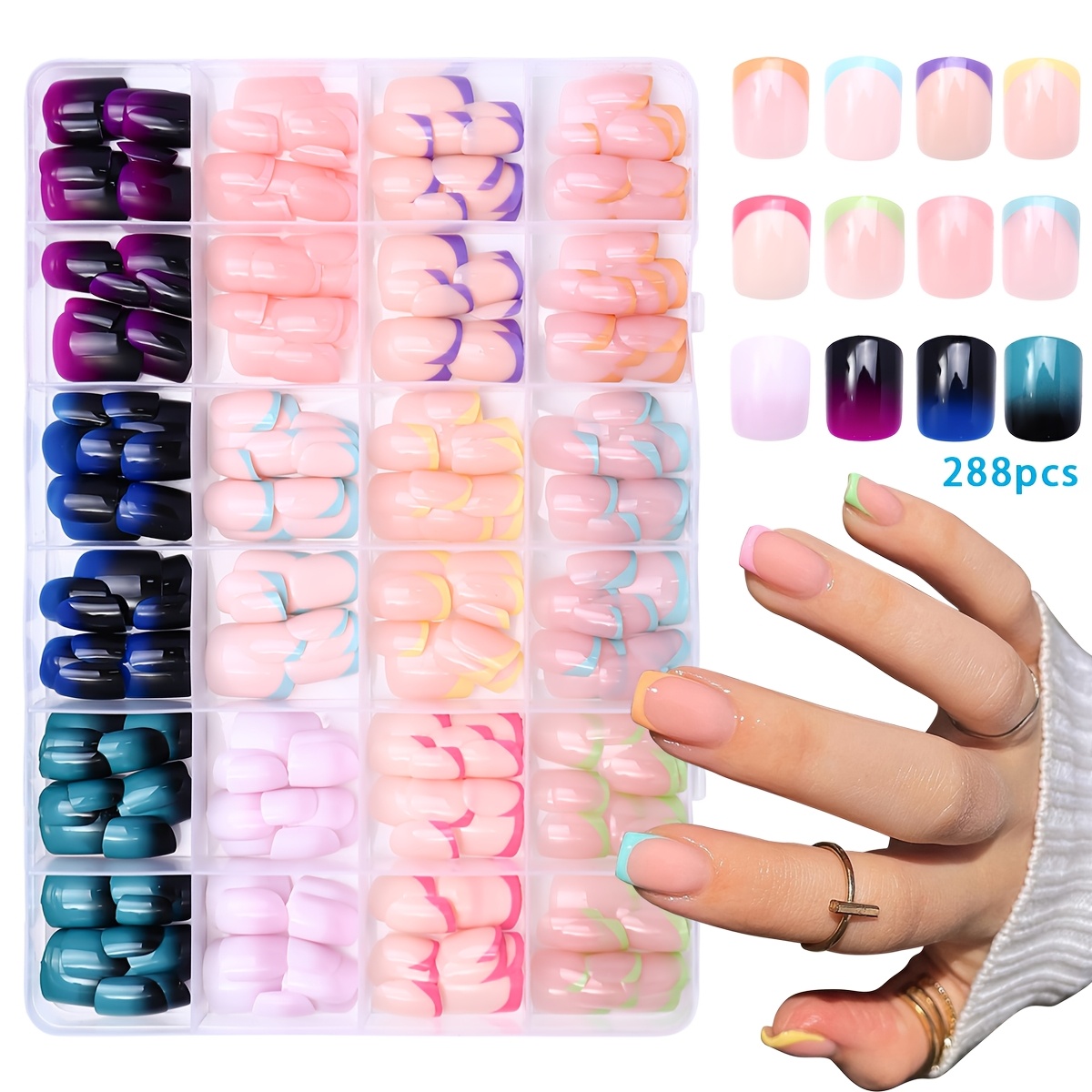 TEMU 288pcs Faux Ongles Carrés Courts à Pression pour Femmes - French Tips Dégradés, Longueur Courte, Brillants, Kit de Manucure DIY Facile, Ongles