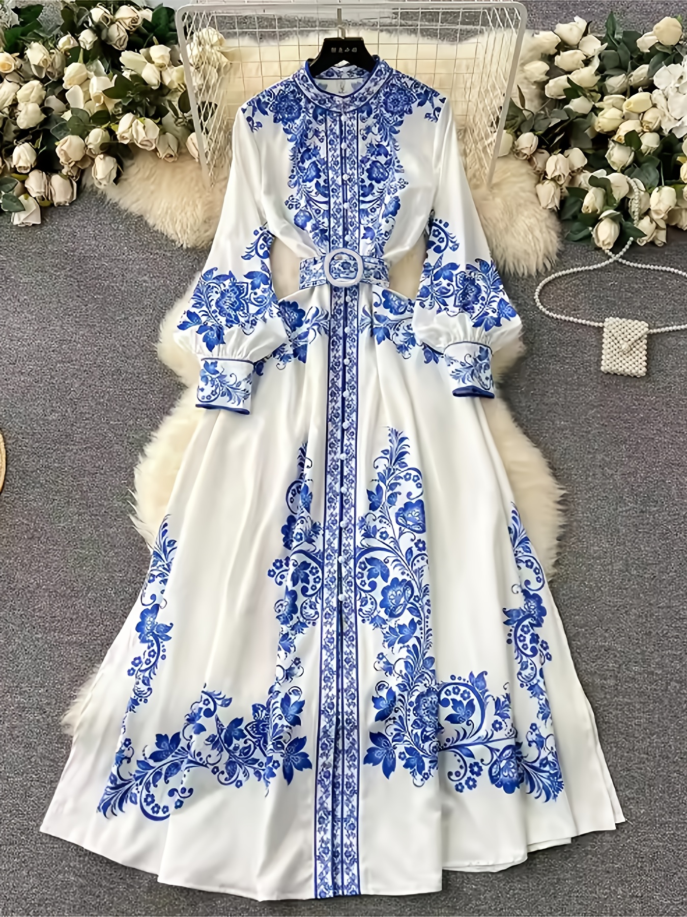 Elegant Women S Bohemian Floral Print A-Line Dress with   Porcelain Pattern, Round Neck, Button Belt, and Long Sleeves -   Casual or Formal Occasions, Floral Dress