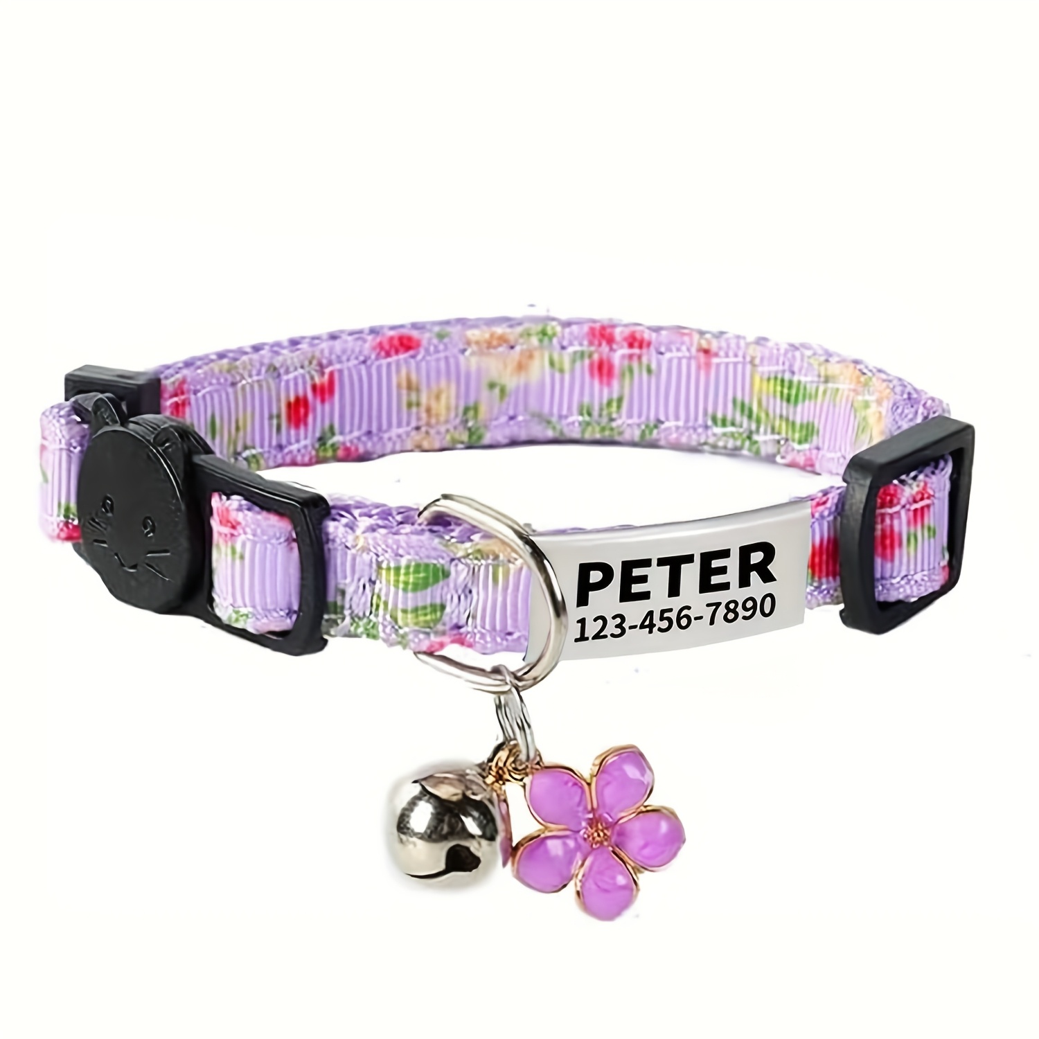 TEMU Personalized Cat Collar - Adjustable Floral Charm Collar For Cats And Small Dogs, Made Of Polyester With A Safety Buckle, Includes A Flower