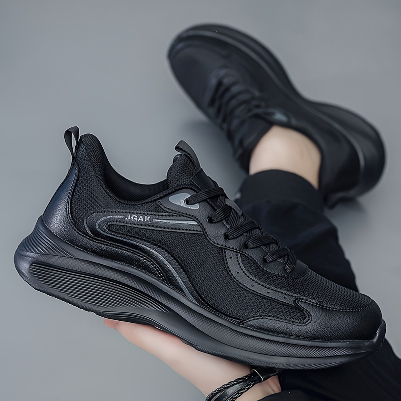 Men's Lightweight Breathable Mesh Running Sneakers - Black, Casual Sneakers with Stability Support for Hiking, Outdoor & Casual Attire, Lace-Up Closure, Low-Top Design, MD Sole, EVA Insole, Spring/Summer/Fall Use, Hiking Shoes, Fall Hiking Footwear | Sleek Sporty Look | Comfortable EVA Insole