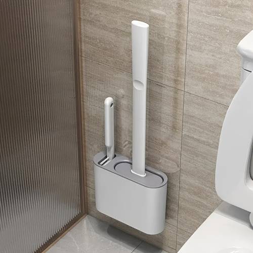 wall hanging toilet cleaning brush holder long handled silicone water proof quick drying soft bristles bathroom accessories