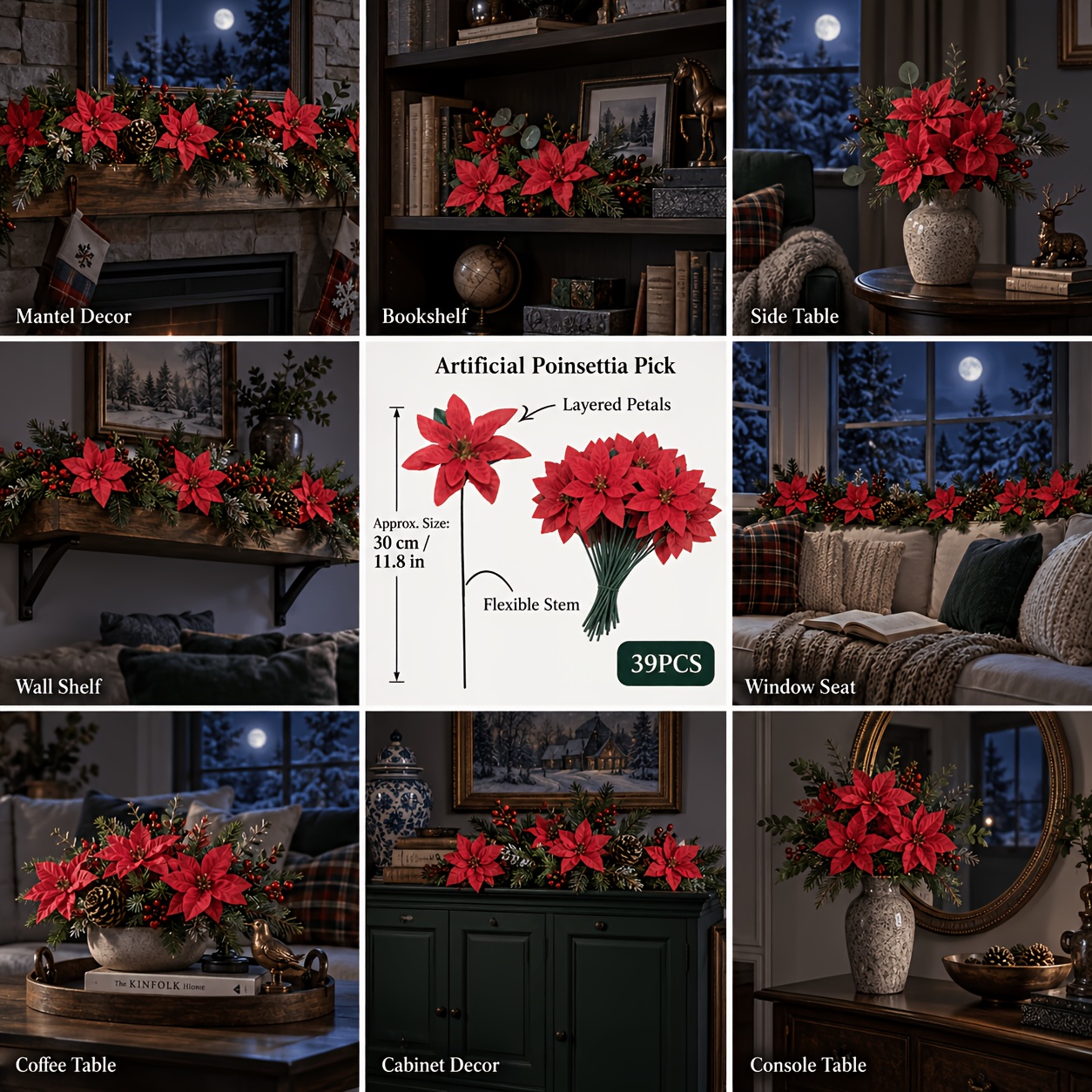 TEMU 39 pièces de fleurs artificielles de Poinsettia de Noël rouges avec tiges, décoration de fleurs artificielles pour événements de fêtes, convient