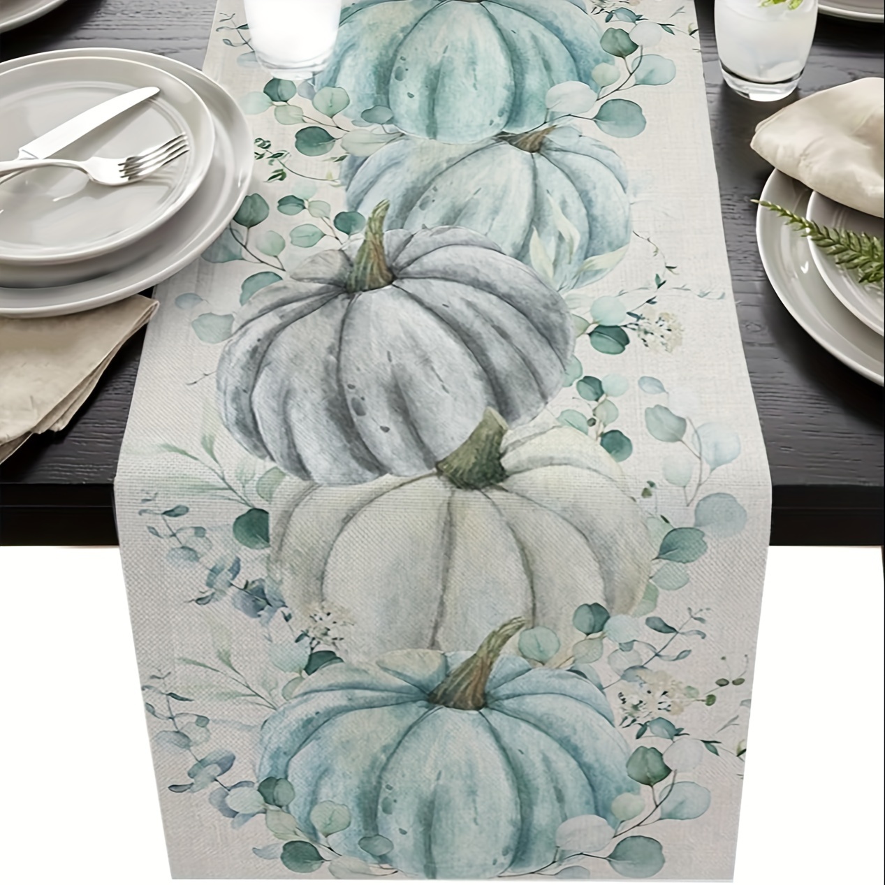 

Linen Pumpkin Eucalyptus Table Runner - 100% Linen Woven Rectangular Dresser Scarf For Thanksgiving, Autumn Harvest Dining Decor, Farmhouse Style, Available In 13x48, 13x72, 13x108 Inches - 1pc