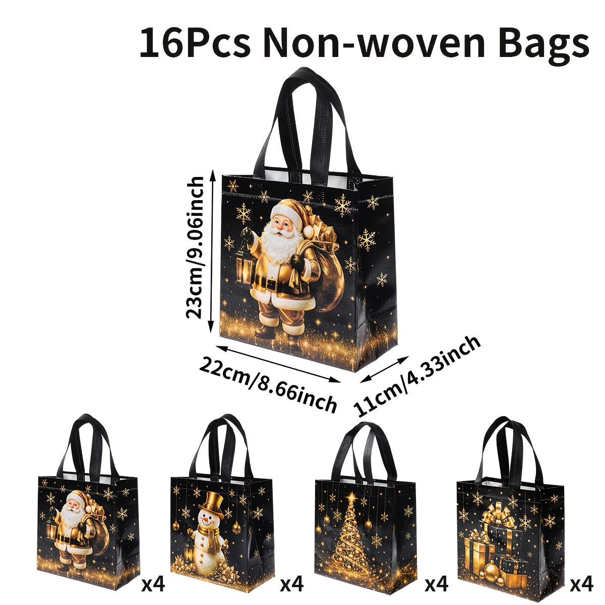 TEMU 16pcs, Black Golden Christmas Non Woven Tote Bags, Snowman, Christmas Tree And Gift Box Patterns Golden Handbags, Reusable Non Woven Gift