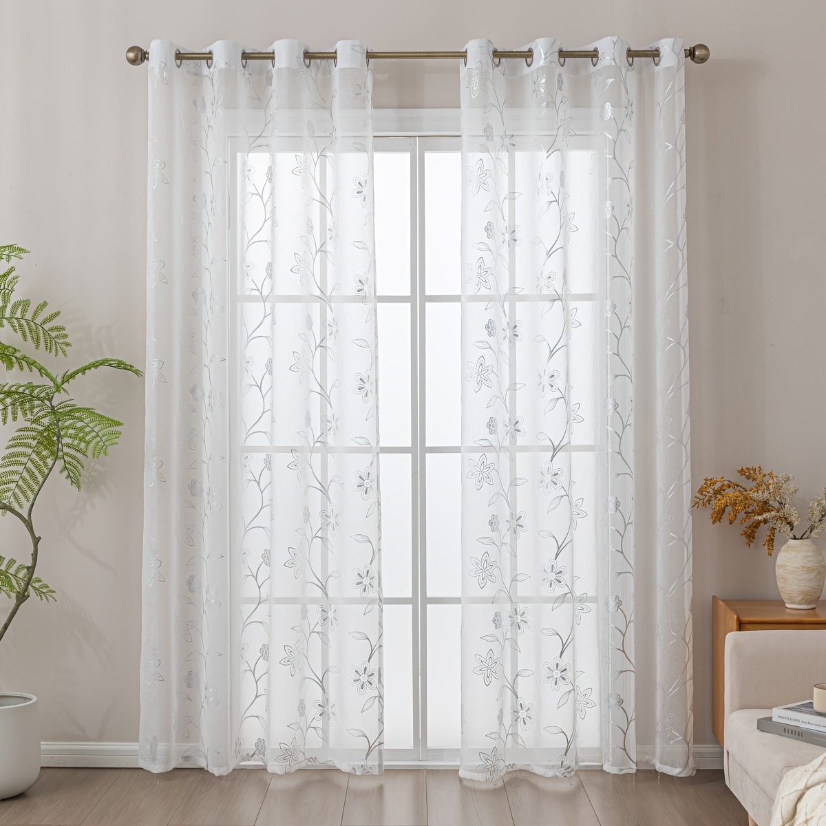 E-shop 2er-Set weiße, heiß silberfarbene, handgefertigte, bedruckte, transparente Gardinen, perforiert, einfache Installation, dünne Fenster-Schleier,