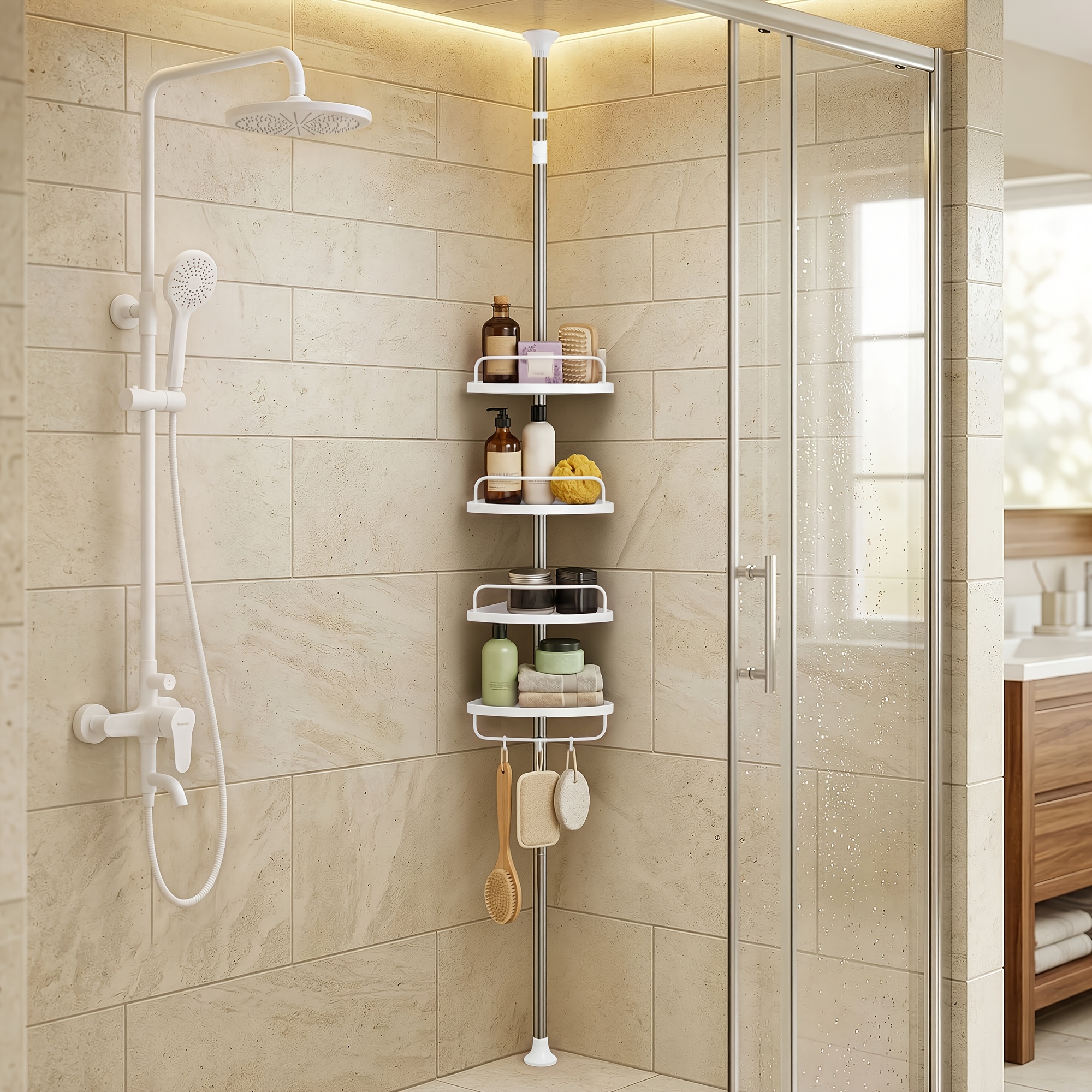 Image of Shower Caddy, Telescopic Corner Shower Shelf For Bathroom, 95-300cm High Pole, Stainless Steel, With 4 Shelves, 3 Hooks, Shower Caddies
