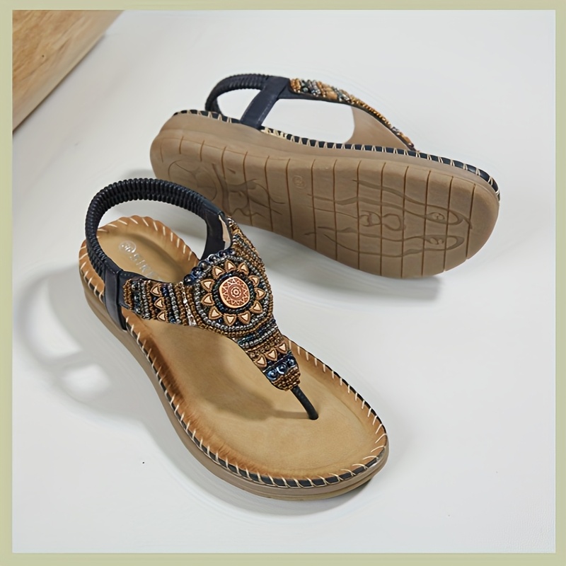 Women'S Flip-Flops, Bohemian Comfortable Beaded Beach Vacation Plus Size Flat Shoes, Women Shoes