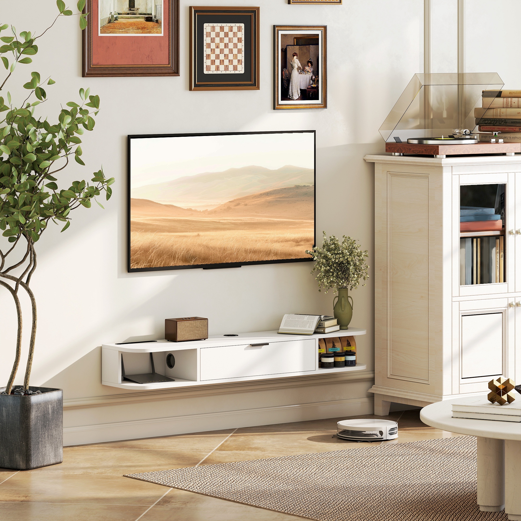 TEMU Homcom Modern Floating Tv Stand Wall-mounted Media Console With Open Shelving, White - Space-saving Low (<27''h) For 47-inch Tvs, , For Large
