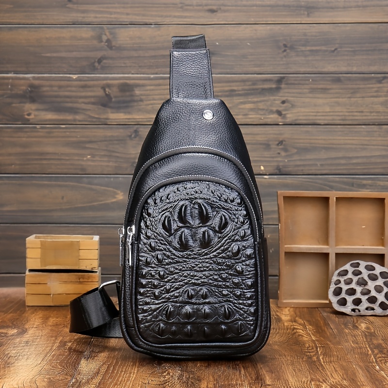 TEMU 1pc Crocodile Pattern Sling Bag - Unisex Versatile Travel Backpack - Men's Chest Bag With Headphone Jack Hole - Multiple Compartments Adjustable