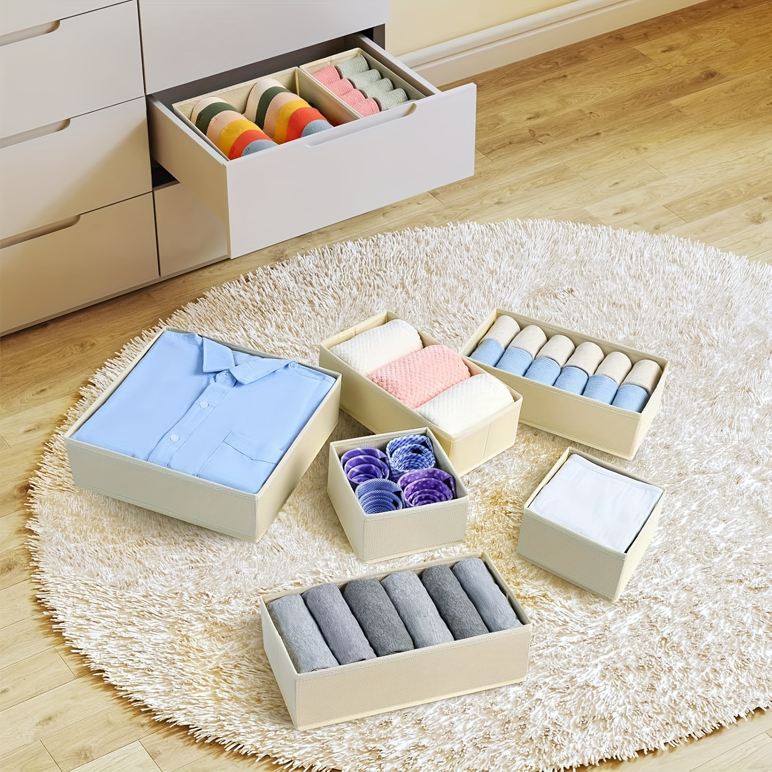 12-tlg. Schubladen-Organizer Aus Stoff, Faltbar – Für Babykleidung, Socken, Unterwäsche, Beige