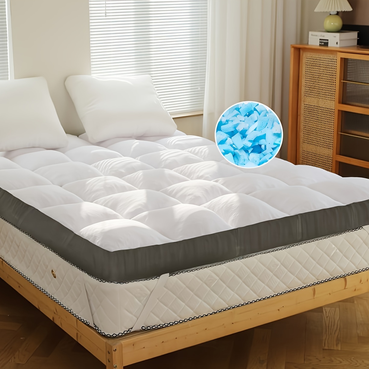 

Whatsbedding 3 Inch Memory Foam Mattress Topper Queen Size Memory Foam Filled Bamboo Cooling Fluffy & Soft 100% Air Fabirc Top , Anti-slip Bottom, 4 Straps, 80x60x3 Inch, Queen