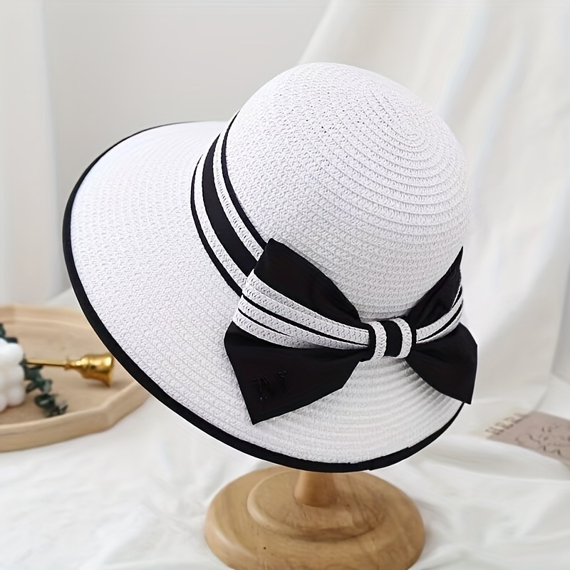 TEMU 1pc Women's Wide Brim Straw Sun Hat With Black Bow - Breathable Polyester, Elegant Striped Design, Perfect For Beach, Casual & | Stylish Outdoor
