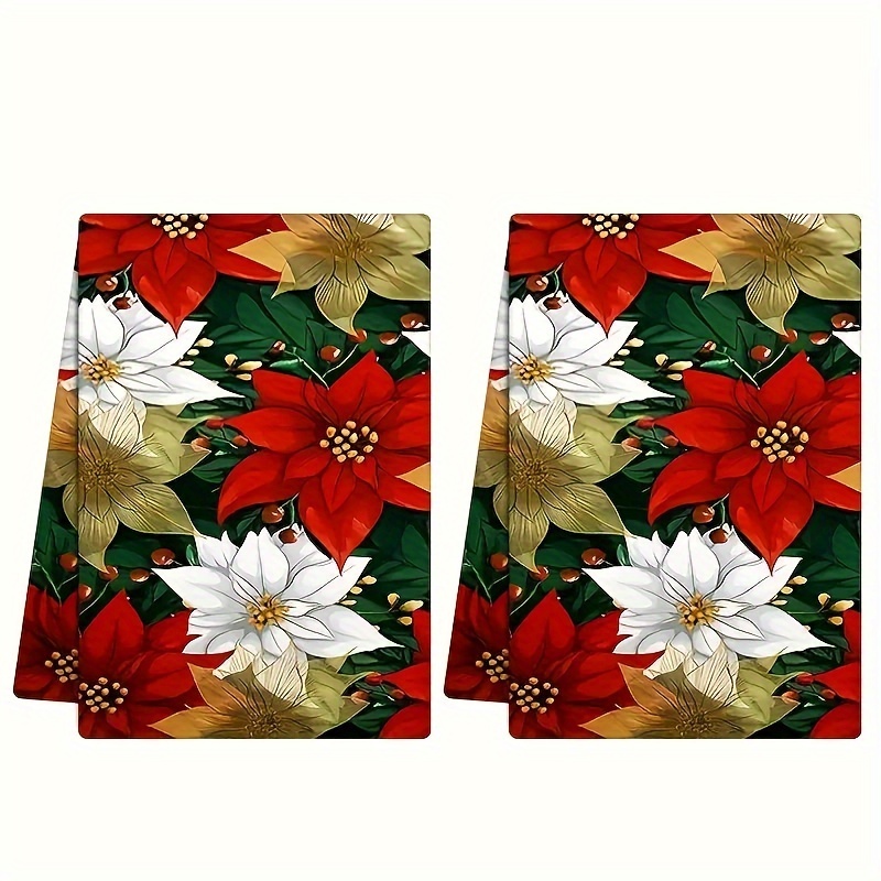TEMU Ensemble de 2 serviettes de cuisine de Noël modernes - Design de poinsettia vintage, lavable en machine, polyester tissé, 150 gsm pour décor de