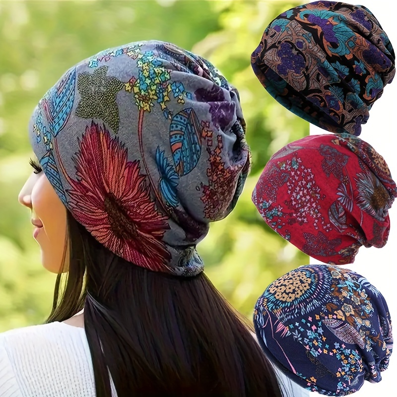 

4 Pcs/set Bohemian Floral Print Brimless Beanie For Women - Autumn And Winter Warm Elastic Chemotherapy Cap, Lightweight Multi Functional Headscarf - Multi Functional Neck Cover