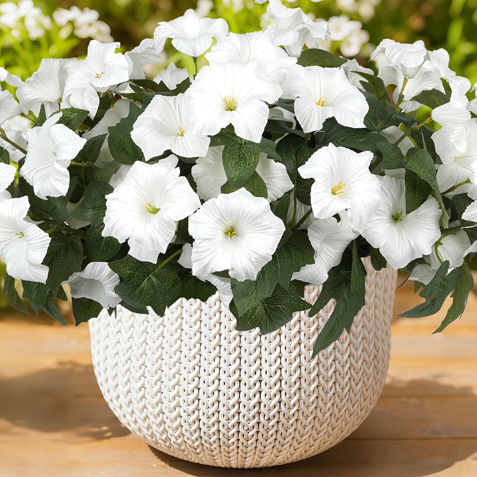 Image of Set Of 6 White Artificial Petunias, Each 15 Inches Long, Perfect For Outdoor And Indoor Decoration, Including , Front Doors, Gardens, Patios, And Window Boxes