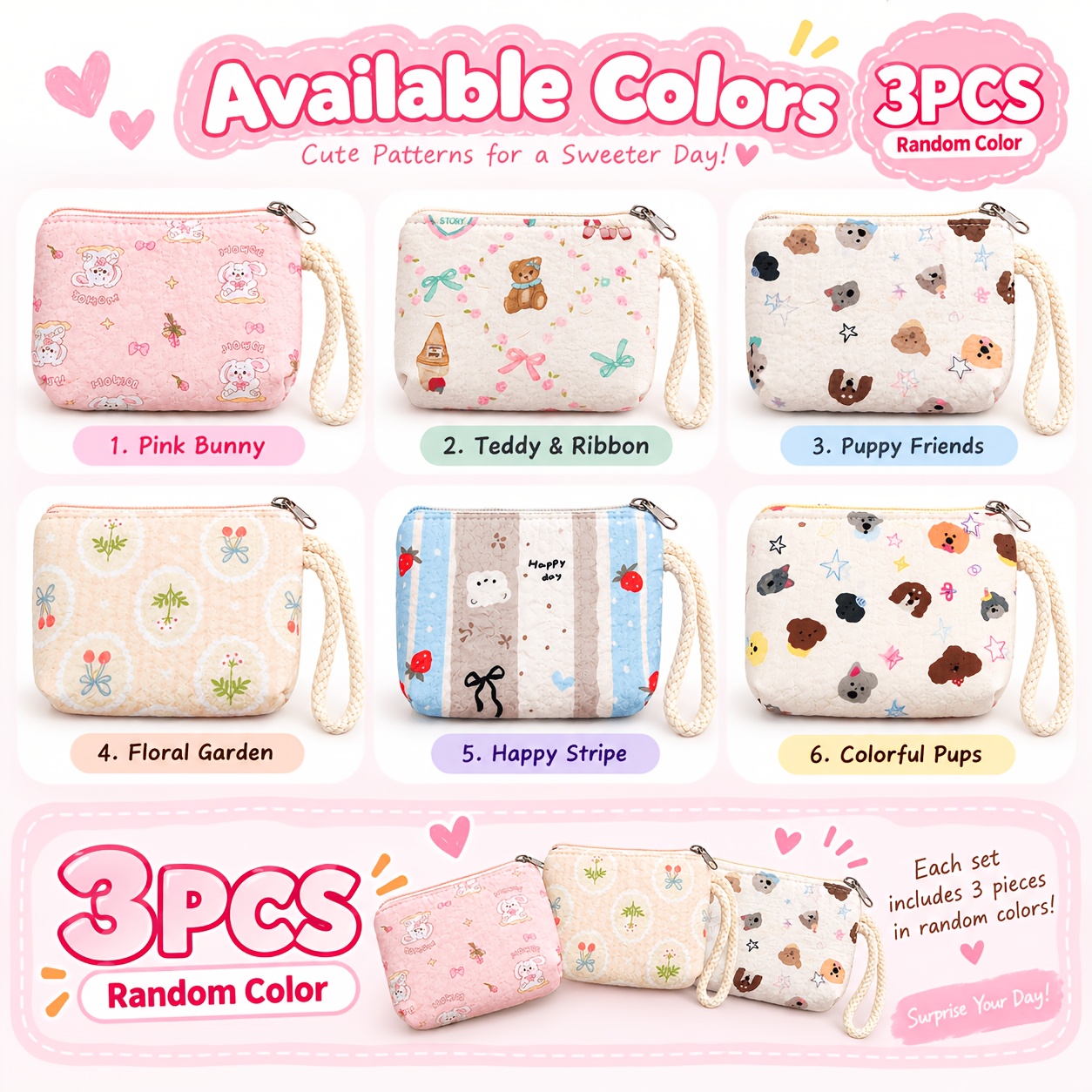 TEMU Lot de 3 pièces, couleurs aléatoires/Nouvelle pochette porte-monnaie pour femme avec dragonne, porte-monnaie dessin animé, mini sac de rangement