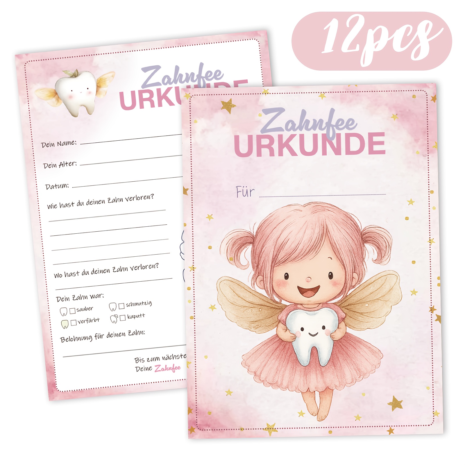 Image of 12 Tooth Certificate Cards In A Cute Cartoon Style, Commemorating Of Losing A Tooth With " " Illustrations Of Little Fairies. A Birthday Gift And Reward Card For Children Losing Their Teeth