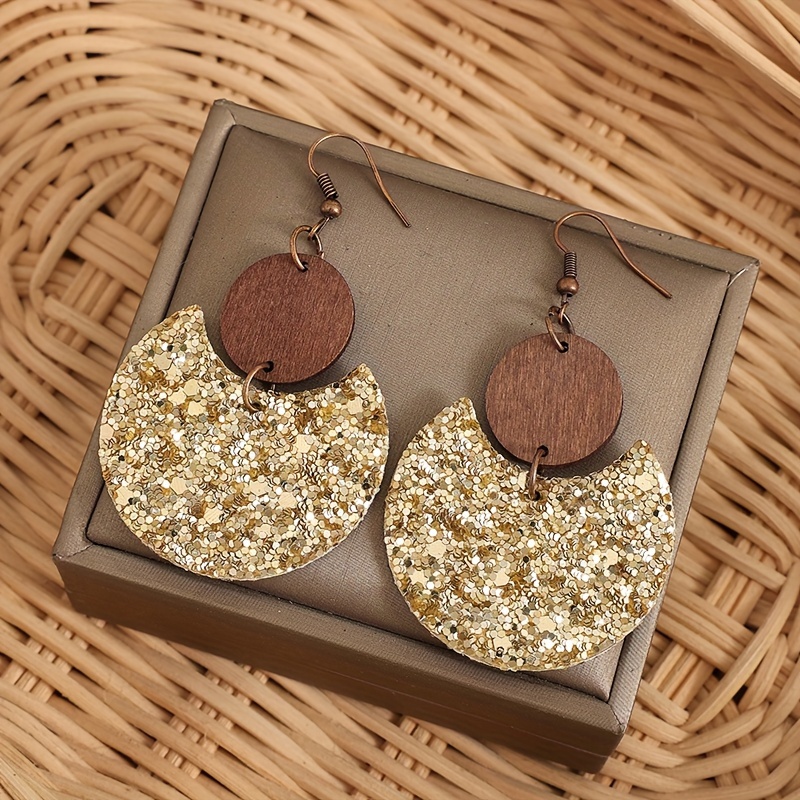 

Vintage Style Pu Leather And Golden Glitter Sequins Drop Earrings With Wooden Circle Detail, Iron Ear Hooks, Fashion Dangle Earrings For Women - Daily Wear Jewelry Accessory, All Seasons Compatible