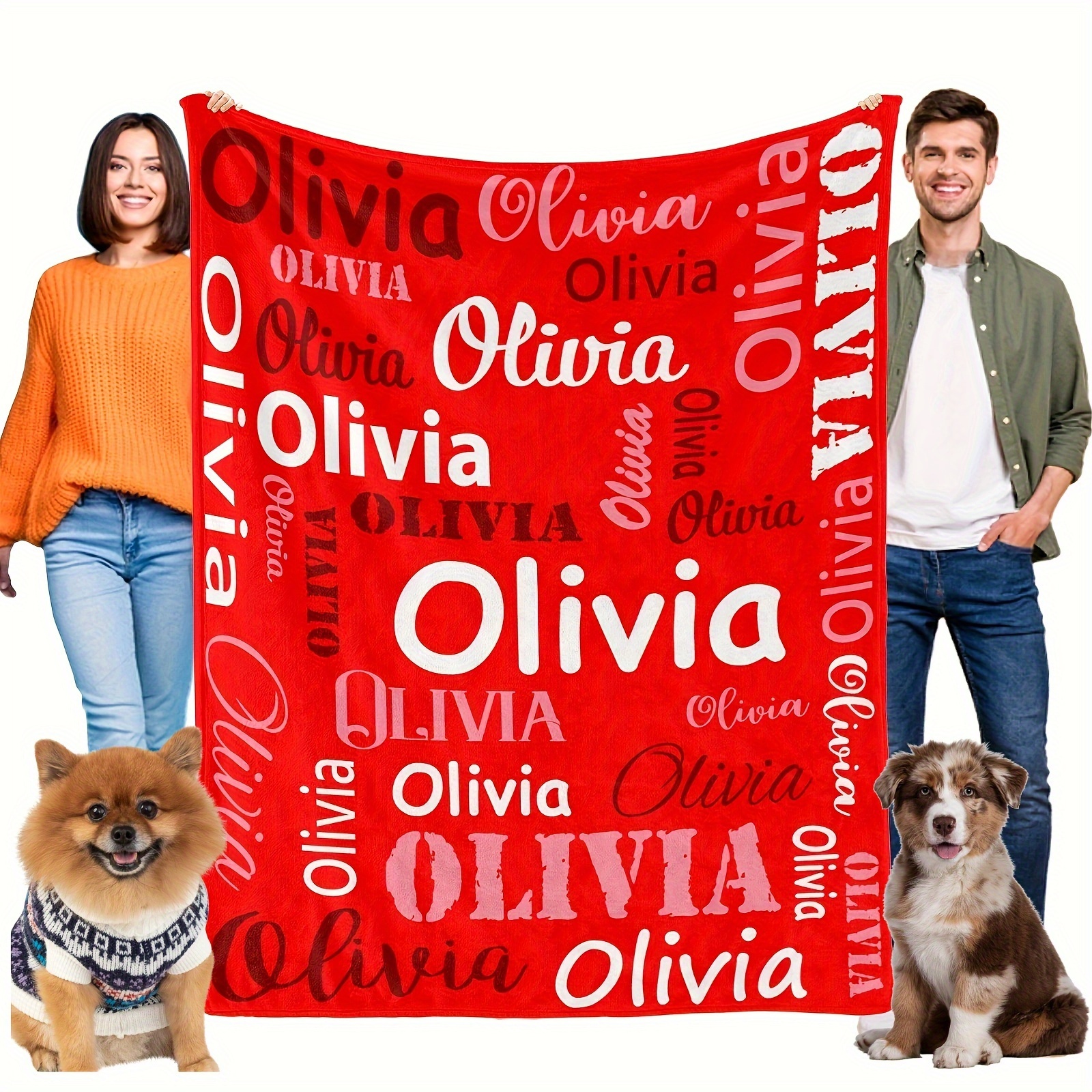 

Personalized Pet Dog Flannel Blanket For Bed Cage Couch, Soft Dog Throw Blanket With Name, Custom Pet Name Dog Blanket, Warm Cushion Mat Sleeping Blanket, Red