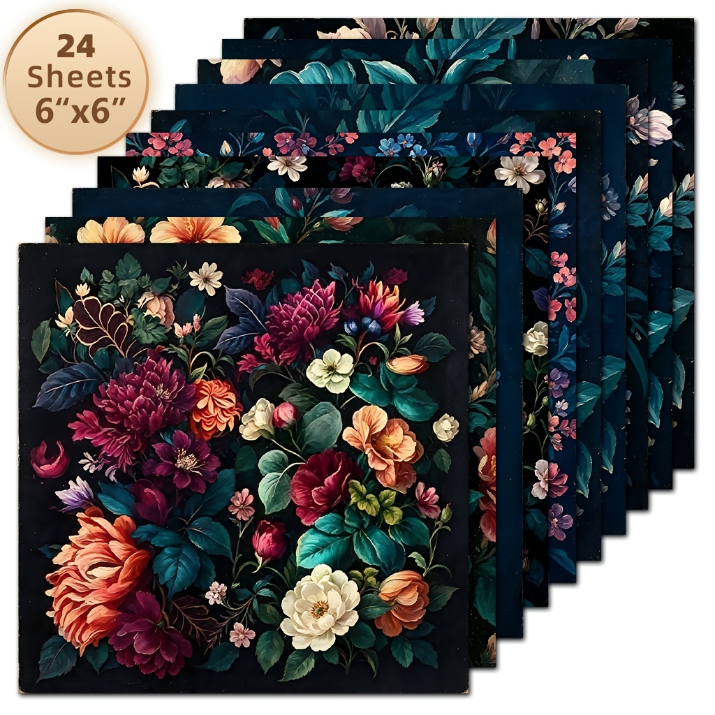 TEMU 24 Sheets Of 6x6 Inch Dark Green Gilded Vintage Thick-coated Oil Painting Floral Decorative Paper, 2d Flat Printed Textured Rose, Peony, Daisy