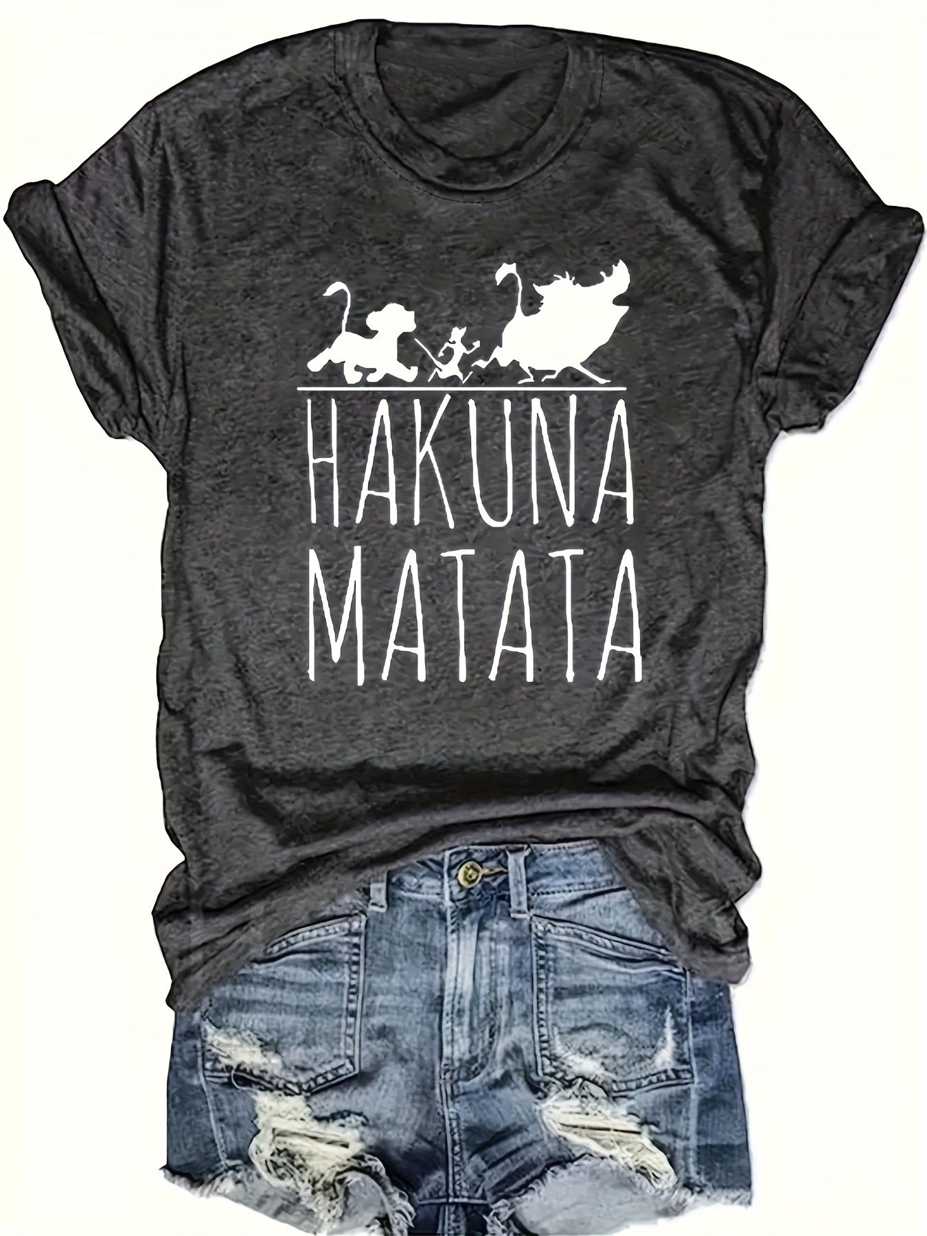 Plus Size Hakuna Print T-Shirt, Casual Short Sleeve Crew Neck T-Shirt For Spring & Summer, Women's Plus Size Clothing