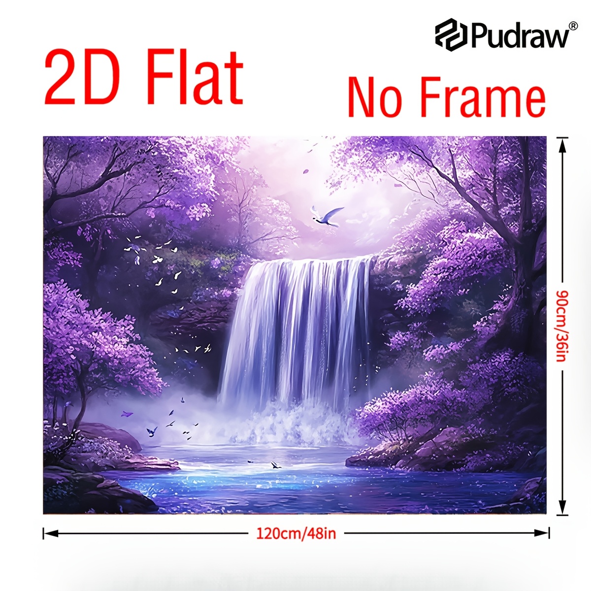 TEMU 2d Flat, 2d Flat, 2d Flat 1pc Frameless Waterfall Canvas Art - Forest With Purple Trees And Layered Waterfalls, Pink And Purple Natural Wall Art