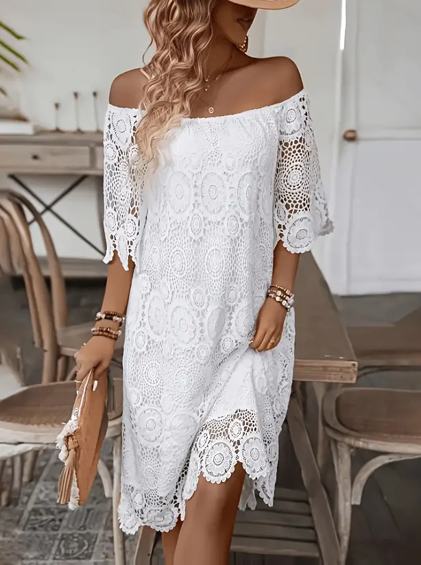 lace loose dress Lady Floral Lace Dress Elegant Long Sleeve Round Neck Loose Bottoming Dress Fit