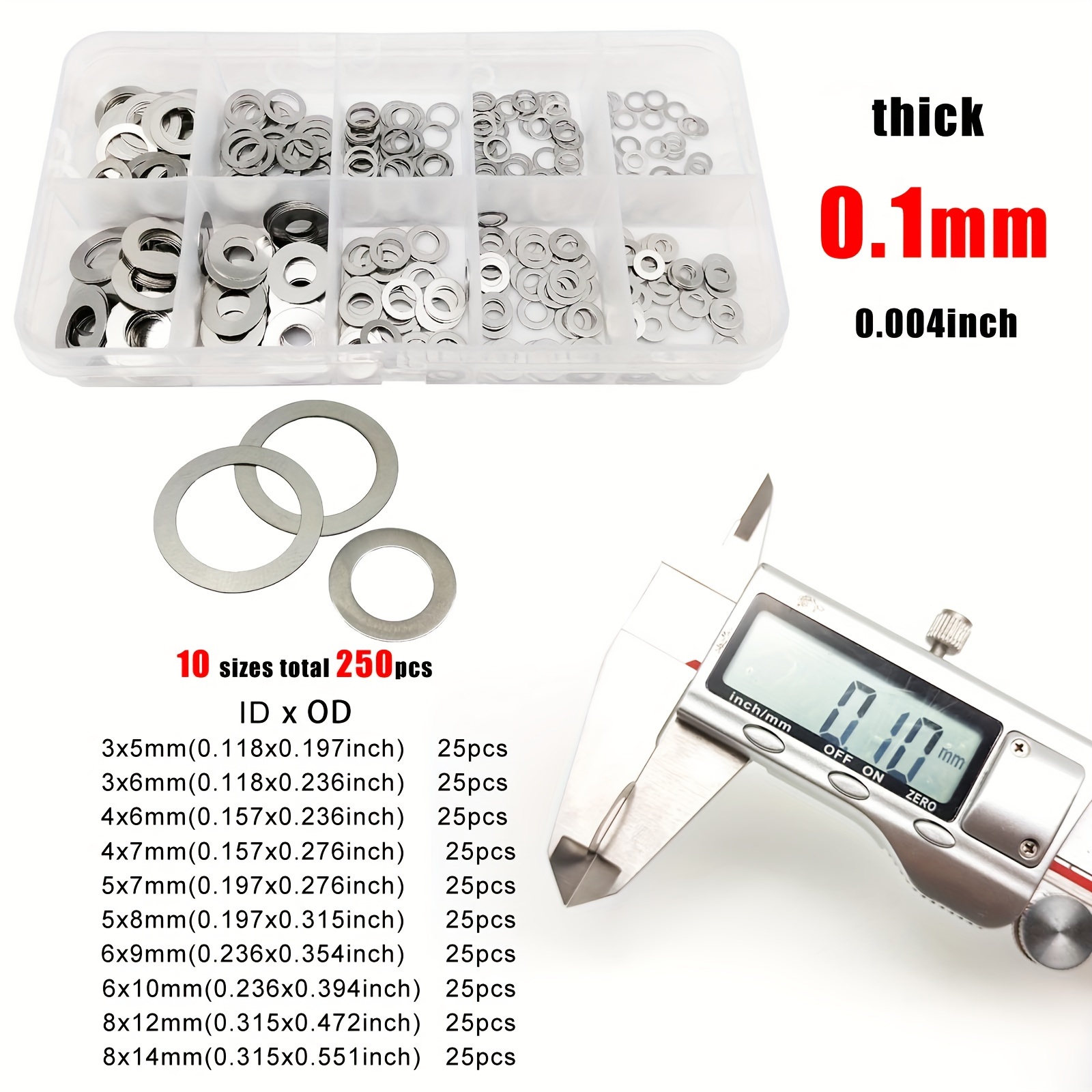 

250pcs Steel Washer Set - Assorted , 0.2mm, 0.3mm - Washers For Fastening, M3-m8 Mix Kit