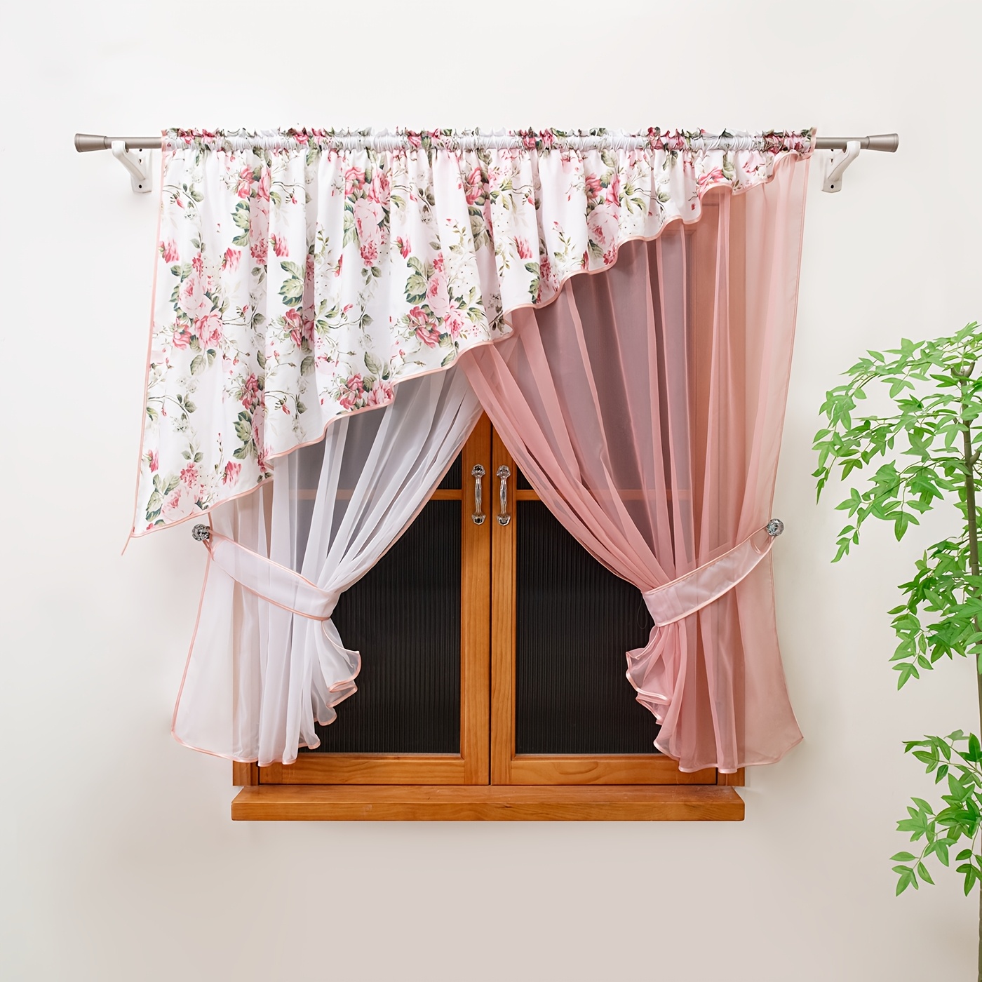 TEMU A Country-style Red Floral Printed Double-layer Sheer Curtain With 6cm Pleated , Suitable For Decorating Cafes, Restaurants, Living Rooms,