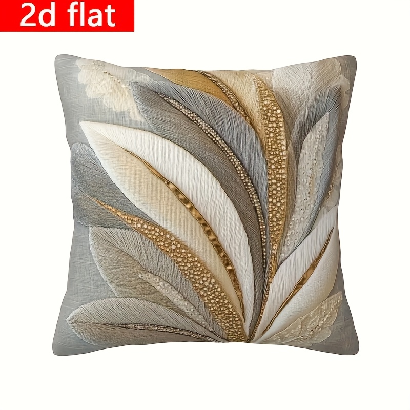 E-shop Eleganter Kissenbezug mit goldenem Feder-Design – Weicher Kurzplüsch, abstraktes beiges graues Muster, mit Reißverschluss, maschinenwaschbarer